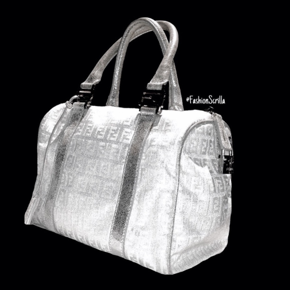 FENDI Vintage Metallic Silver - White Monogram Canvas Forever Bauletto Handbag